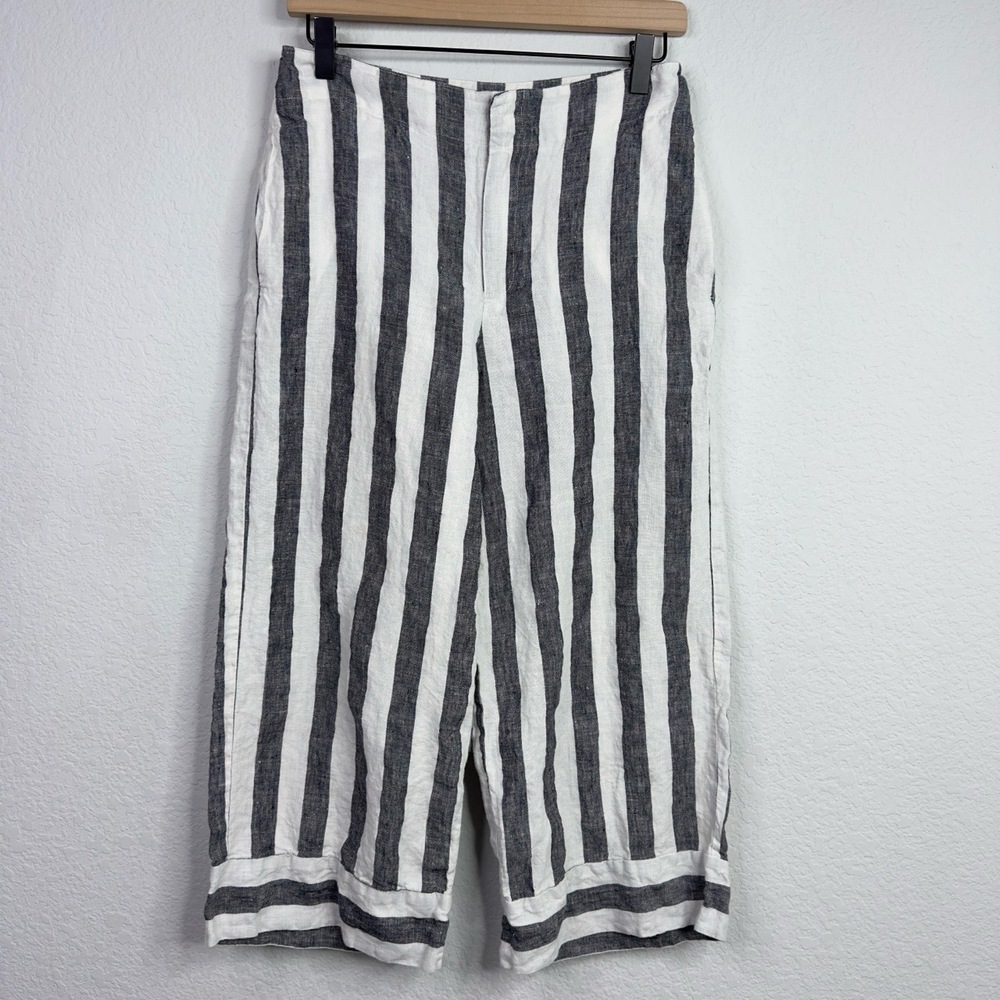 Saks Fifth Avenue Pants Womens‎ 6 Grey White Linen Striped Wide Leg Cropped Boho